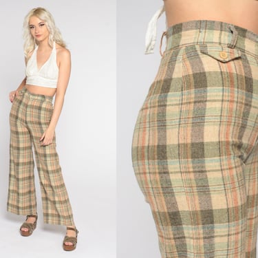 70s Plaid Trousers Retro Wide Leg Pants Hippie Bell Bottom Wool Blend High Waisted Flared Boho Tan Checkered Vintage 1970s Extra Small xs 