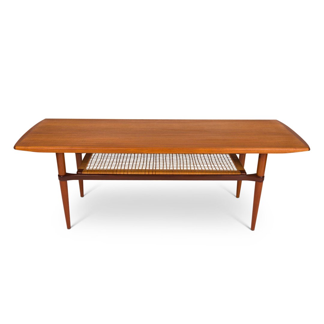 Vintage Danish MidCentury Teak Coffee Table with Cane Shelf 1960s