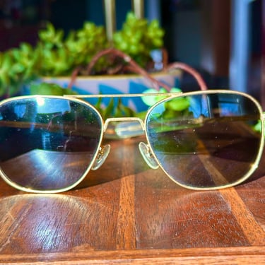 Vintage Randolph Engineering Metal Gold Frame Sunglasses Black Glass Lens Retro Shades 