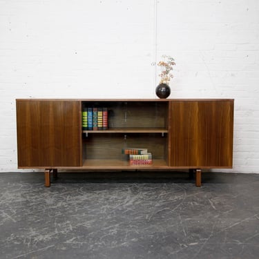 Mid Century Modern style walnut credenza media cabinet storage w/ sliding glass doors | Free delivery only in NYC and Hudson Valley areas 