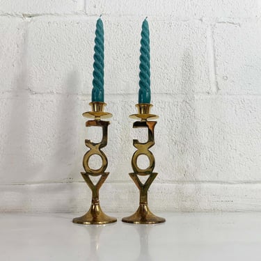 Vintage JOY Brass Candlestick Holders Pair Candle Candlesticks Retro Decor Mid-Century Hollywood Regency Candleholder Tall MCM Mantel 1970s 