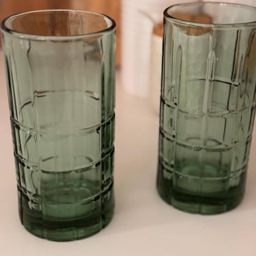 Vintage Light Green Anchor Hocking Tartan Highball Tumbler  | Set of 2 
