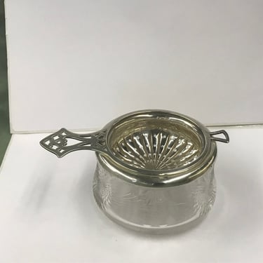 Sterling and cut glass tea strainer 