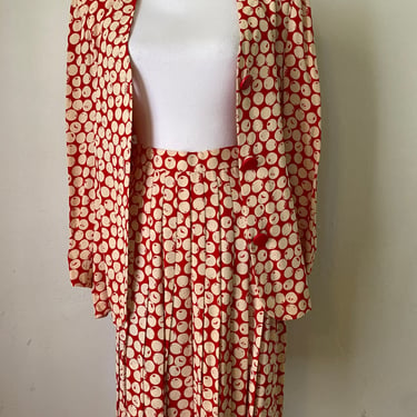 Vintage GIVENCHY 90s Jacket Blazer & Pleated Skirt Set - 2 Piece Couture Red Cream Polka Dot Print 