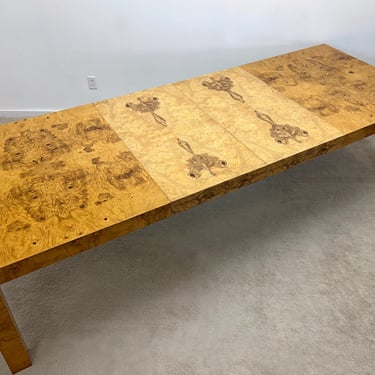 mid century Milo Baughman Thayer Coggin olive burl wood extending parsons dining table 2 leaves 