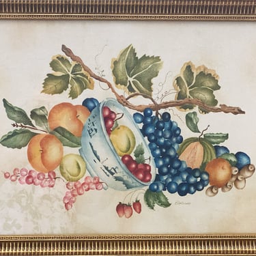 Framed bowl of fruit theorem painting. Primitive American folk art still life, hand painted stencil on velvet.  19 X 14" 