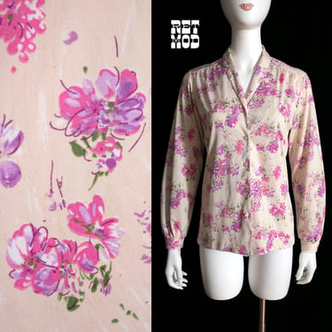 Pretty Vintage 70s Pink & Nude Floral Long Sleeve Button Down Blouse 