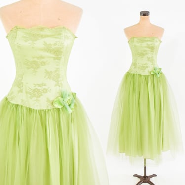 1990s Lime Green Tulle Party Dress | 90s Green Lace & Tulle Prom Dress | Green Strapless Evening Dress | Jessica McClintock | Small 