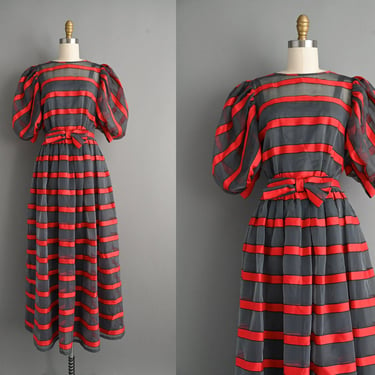 vintage 1980s Puff Sleeve Stripe Party Dress - Small 