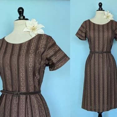 Vintage 50s Embroidered Cotton Wiggle Dress, 1950s Striped Hourglass Day Dress, Vintage 50s Fitted Short Sleeve Dress 
