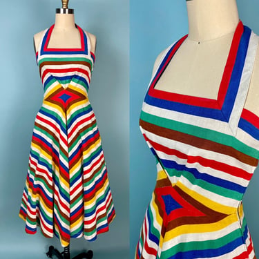 Vintage 1950s Candy Rainbow Stripe Halter Sun Dress w Pockets 