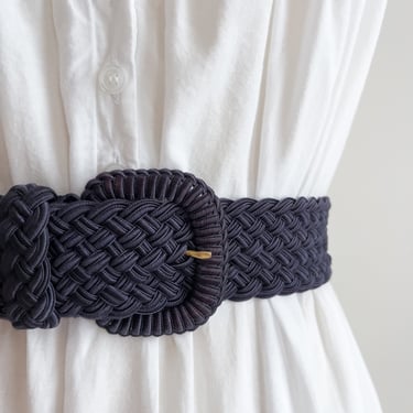 wide navy belt 80s 90s vintage blue braided statement waist belt 