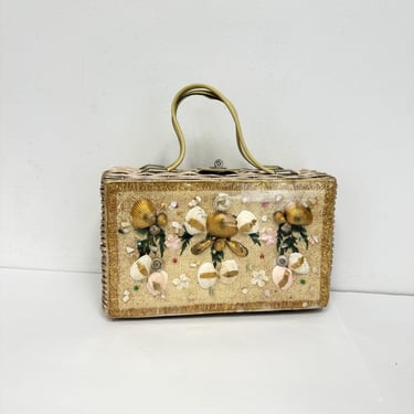 Vintage 1960s Fake Straw Handbag with Seashells | Top Handle Purse with Toggle Closure 