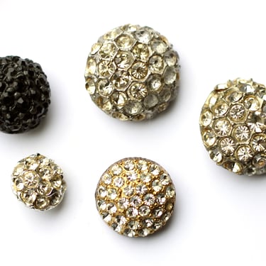 Set of 5 Antique and Vintage Glass Stone Dome Buttons - Gold Silver and Black Metal Diamanté Unique Buttons 
