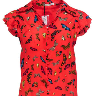 Alice &amp; Olivia - Red Silk Butterfly Print Short Sleeve Shirt w/ Cap Sleeves Sz XS