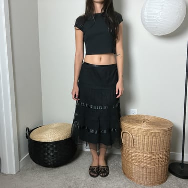 90s y2k vintage black fairy goth sheer tulle mesh lace ribbon tiered midi skirt by express 
