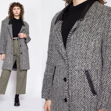 Medium 80s Herringbone Wool & Leather Trim Overcoat | Vintage Black White Button Up Warm Winter Coat 