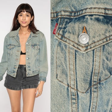 Levis Denim Jacket Distressed 90s Levi Jean Jacket Fitted Trucker Grunge Stone Wash Cropped Fit 1990s Vintage Button Up Biker Extra Small XS 