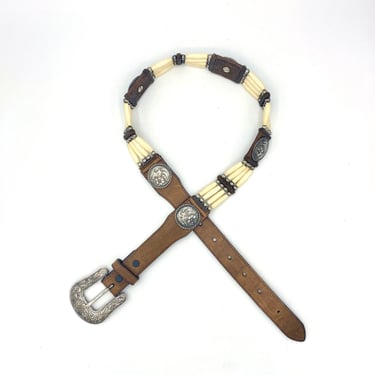 Vintage 1990s Tony Lama Brown Leather Concho Belt with Quill Beads, Fancy Southwestern Belt, Fits 25 to 30" Waist 