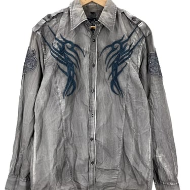 Men’s Roar Embroidered Patina Gray Gothic Designer Shirt Large