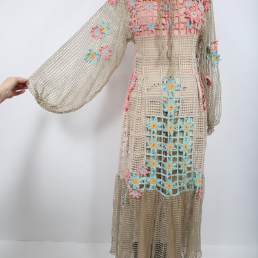 Vintage Artisan Handmade Floral Crochet Patchwork Floral Midi Dress Croquette Fairy Summer Festival Coachella 