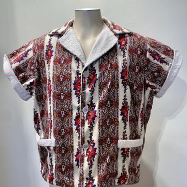 Vintage 1960'S Cabana Beach Shirt - SEARS PREMIERE Label - Paisley Printed Cotton - Terry Cloth Lining  - Men's Size Large 