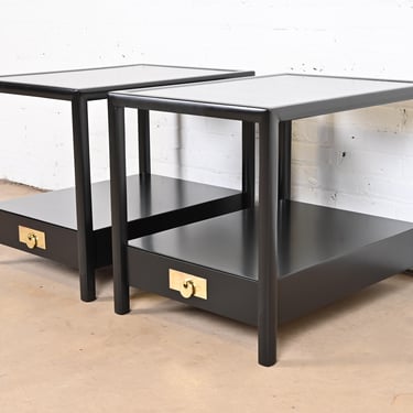Michael Taylor for Baker Furniture Black Lacquered Nightstands or End Tables, Newly Refinished