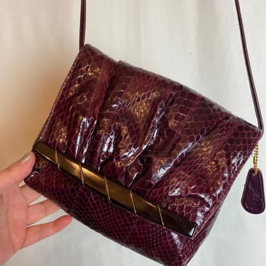 Lovely snakeskin purse X long strap Glossy dark eggplant color Small compact shoulder strap handbag evening bag clutch 1970’s 80’s style 