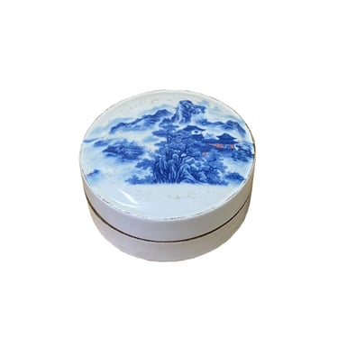 Chinese Blue White Porcelain Scenery Graphic Round Box Display ws2019E 