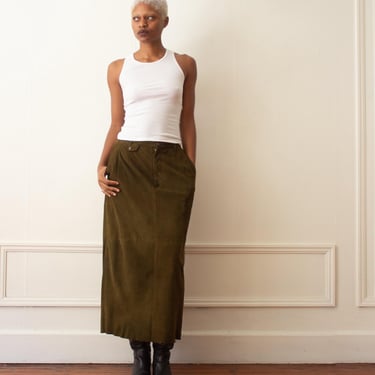 1980s Ralph Lauren Olive Suede Maxi Skirt 