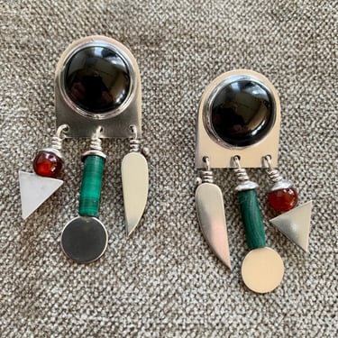 1990's Artisan-Made Earrings - Modernist Jeweler Heinz Brummel - Bauhaus Inspired - Sterling Silver, Onyx, Malachite & Carnelian 