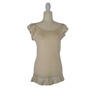 New! Generra Top Blouse Ivory Crochet Knit Ruffle Shoulders Trim Sleeveless L 