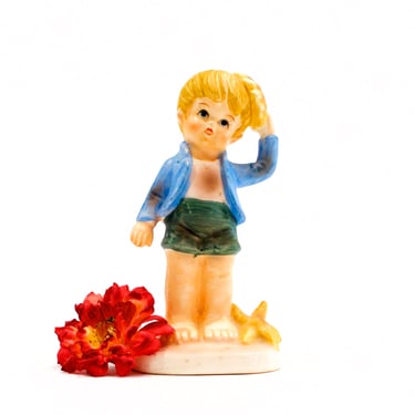 VINTAGE: Flambre Collector's Choice Series Ceramic Figurine - Boy Holding Shell on Head - Collectable - SKU 23-D-00014185 