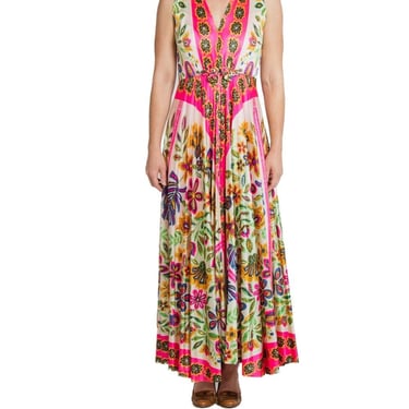1970S White & Neon Pink Polyester Psychedelic Print Dress 
