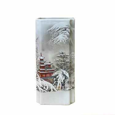 Chinese Off White Porcelain Snow Scenery Square Shape Vase ws2353E 