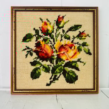 Vintage Frame Floral Needlepoint Orange Roses in Bloom 10