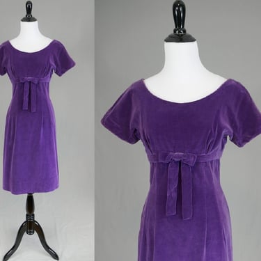 60s Purple Velveteen Dress - Short Sleeve - Sweet Bow - Jonathan Logan - Vintage 1960s - S 