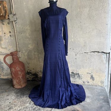Antique Edwardian Navy Blue Silk Hostess Dress Button Down Kick Pleat Vintage