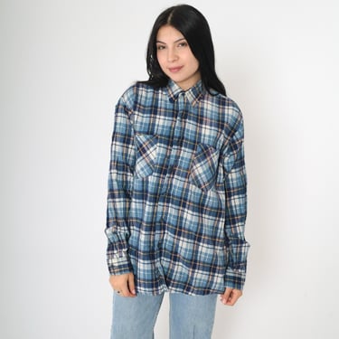 90s Flannel Shirt Blue Plaid Grunge Lumberjack Oversize Long Sleeve Button Up Vintage Retro Ozark Trail Men's Medium 