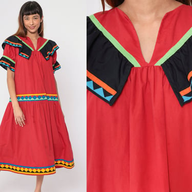 Boho Dress 90s Red Midi Dress Geometric Diamond Print Ruffled Collar Tiered Puff Sleeve Summer Flowy Peruvian Inspired Vintage 1990s Large L 