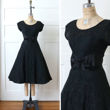 vintage 1950s black lace dress • full skirt & satin bow waist fit and flare twirl dress 