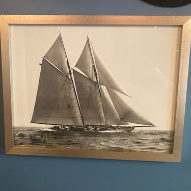 cj/ Black and White Photograph of a Two Masted Schooner in the Water