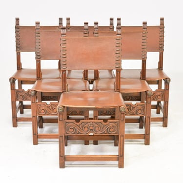Chairs, Leather, Dining, Side, Carved Wood, Set of Six, (6), Handsome Set!