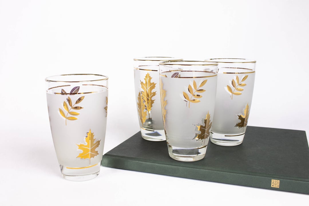 Mid Century GOLD HIGHBALL TUMBLERS, online Gold Leaf Accents, Vintage Barware Pai