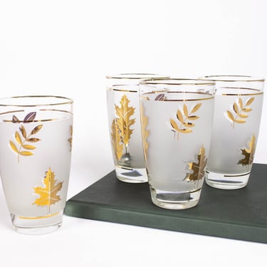 Vintage Frosted Gold Leaf Foliage Glasses by Libbey Glass Co., Highball Barware 