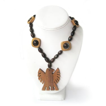 Vintage Wood Thunderbird Pendant, Light Wood Pendant and Bead Necklace, Boho Style Jewelry, Festival Jewelry, Southwest Style, Desert Style 