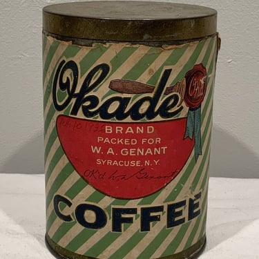Okayed Brand Coffee Tin Paper Label W.A. Genant Syracuse New York advertisement tin, collectible tins, coffee can 