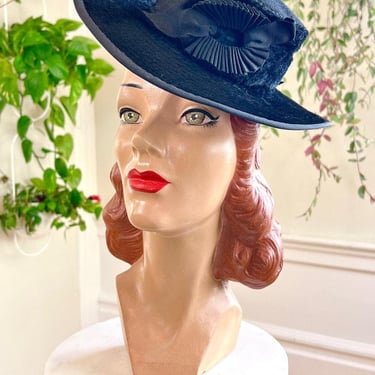 Vintage 1930s Tilt Hat | 30s Black Faux Fur Wool Short Brim Mini Small Formal Vamp Top Hat 