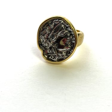 KENNETH LANE Ring, Vintage Greek Ring, Designer Gold Ring, GReek Face Ring, Greek Warrior Ring, Statment Ring, Greek Bust, Designer Ring 