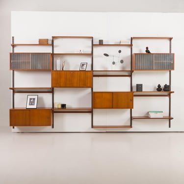 Kai Kristiansen four bay teak wall unit for FM Mobler, Denmark, 1960s 